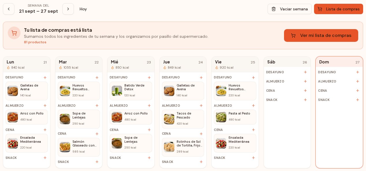 Captura real del planificador semanal de MealGenio con comidas de lunes a viernes